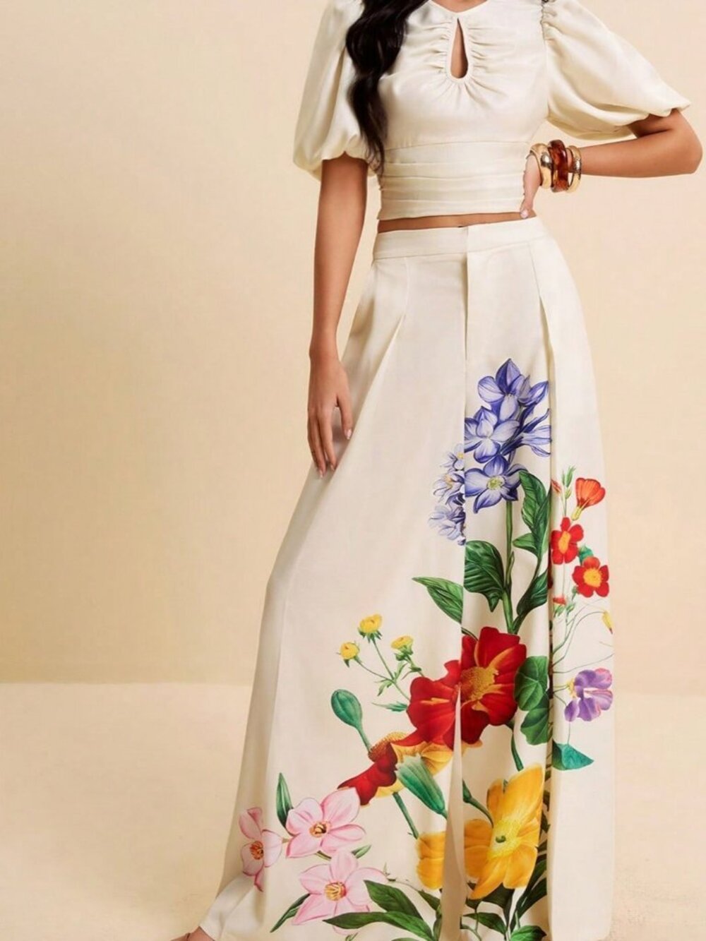 Apricot Elegant Women's top and floral pant Vacation coord Set - Picture 7 of 8